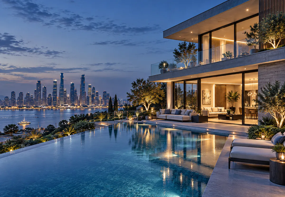 Illustrative contemporary villa with landscaped courtyard and pool